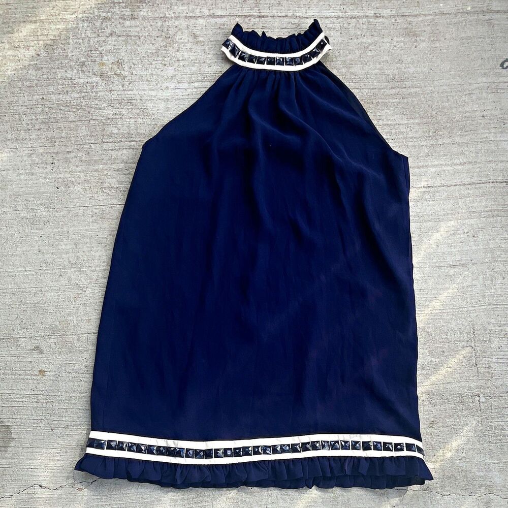 XXI Navy Chiffon Halter Shift Dress Womens Small  Studded Ruffle Zip Cocktail